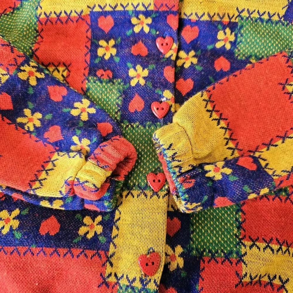 Retro 70s Girls Jacket Patchwork Floral Heart Buttons Knit Hooded Sz 3T 4T 1970s